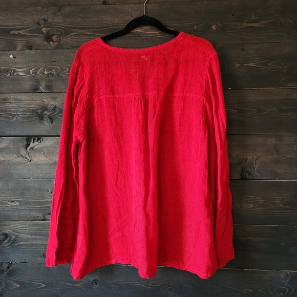 Eileen Fisher 100% Linen Top Red Womens XL Semi Sheer Minimalist Mandarin Button - Picture 3 of 12